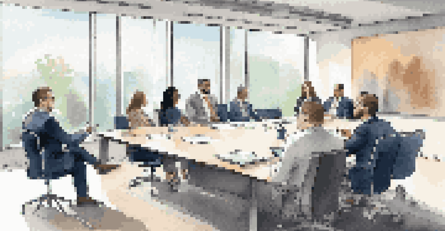 A group of professionals in a mock job interview setting, with a candidate presenting confidently to interviewers in a modern conference room.