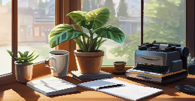 A cozy workspace featuring a wooden desk with a motivational quote on the wall, a potted plant, an open notebook, and a cup of coffee, all bathed in warm natural light.