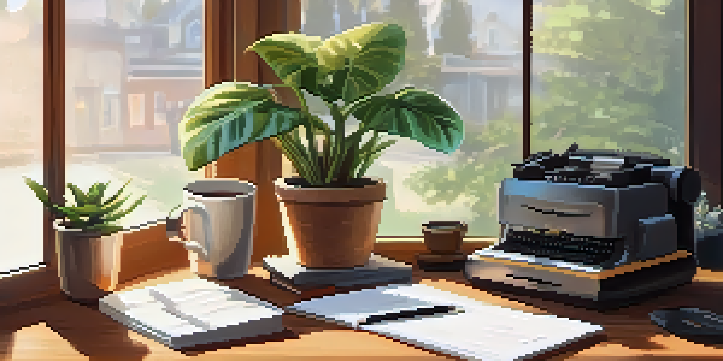 A cozy workspace featuring a wooden desk with a motivational quote on the wall, a potted plant, an open notebook, and a cup of coffee, all bathed in warm natural light.