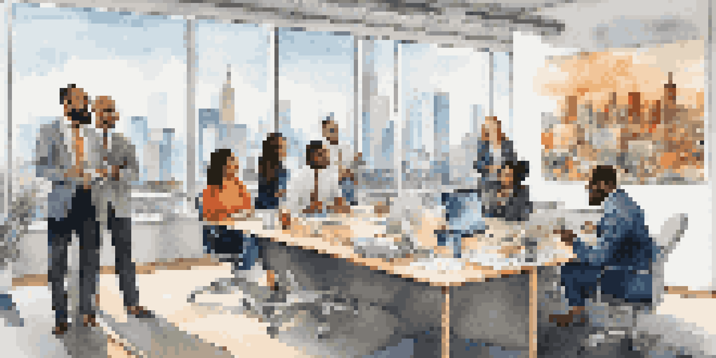 A diverse group of professionals collaborating in a bright, modern office with large windows and cultural artwork.