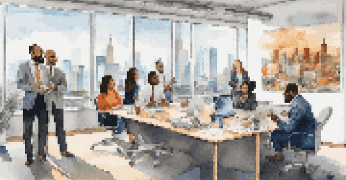 A diverse group of professionals collaborating in a bright, modern office with large windows and cultural artwork.