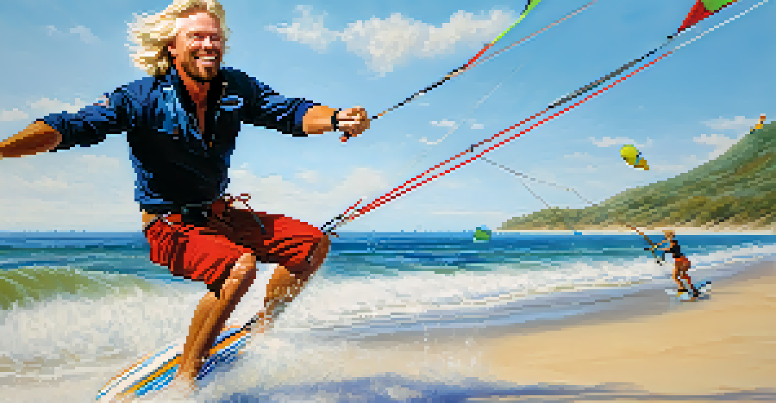 Richard Branson enjoying kite surfing on a sunny beach, smiling as he rides the waves, surrounded by a bright blue sky and crashing waves.