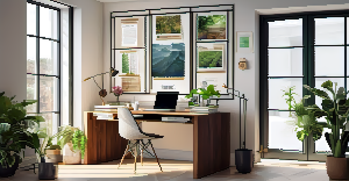 An inviting office space with a wooden desk, laptop, plants, and motivational quotes on the walls, illustrating an environment for career planning.