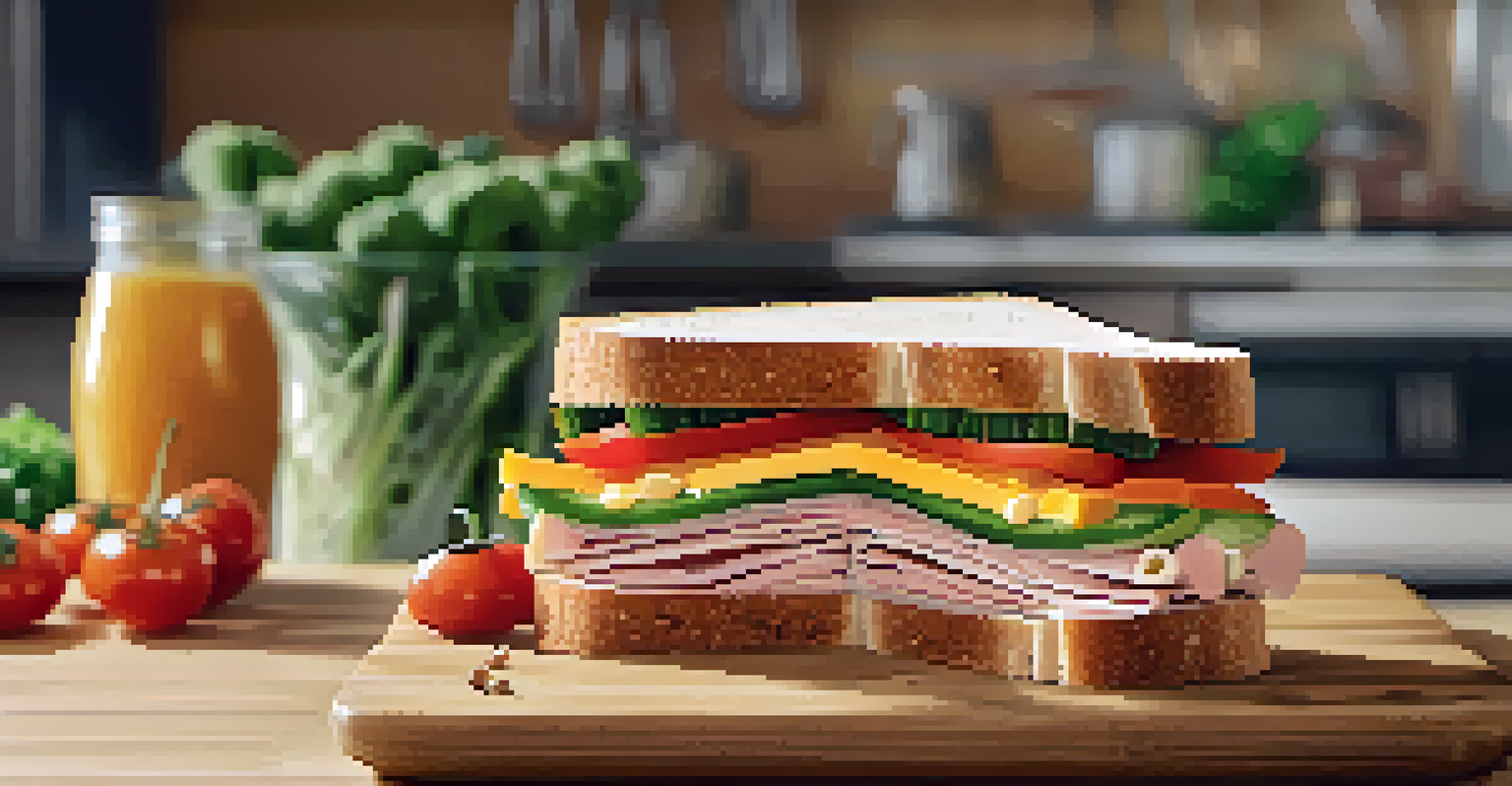 A sandwich with whole-grain bread filled with vegetables and turkey on a wooden cutting board in a bright kitchen.