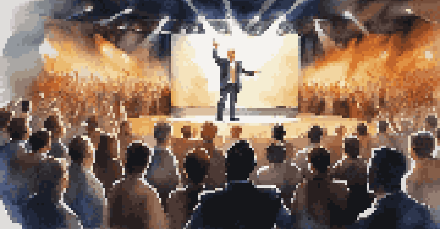 A charismatic leader speaking passionately to an engaged audience, with stage lights and an inspirational backdrop.