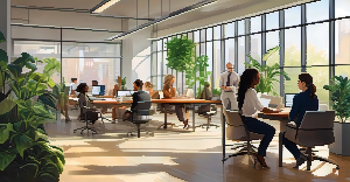 A diverse group of professionals actively discussing in a bright, plant-filled office space, showcasing collaboration and engagement.