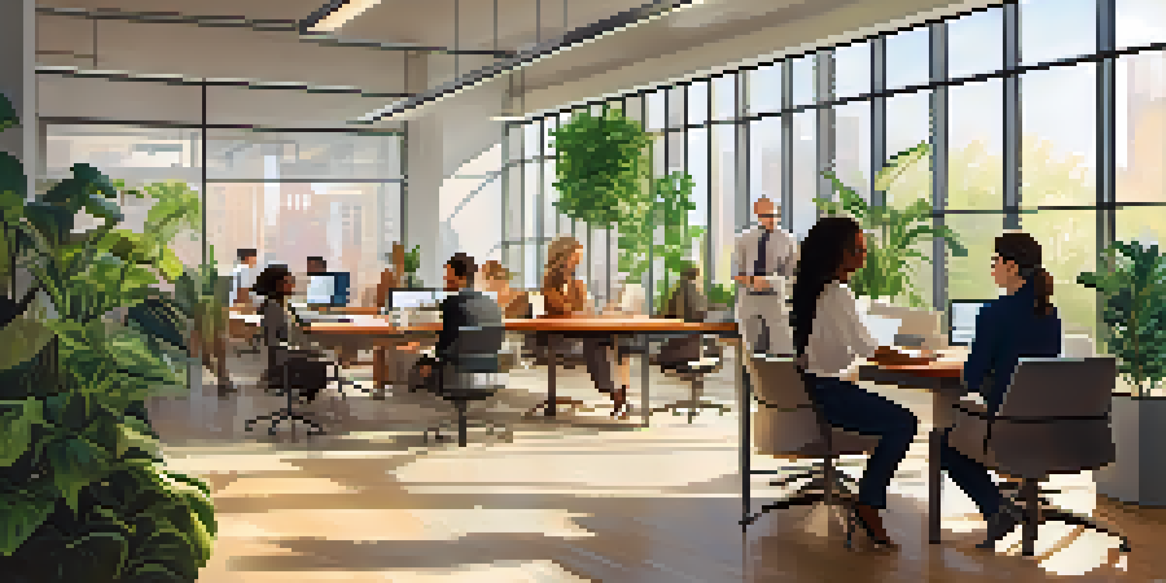 A diverse group of professionals actively discussing in a bright, plant-filled office space, showcasing collaboration and engagement.