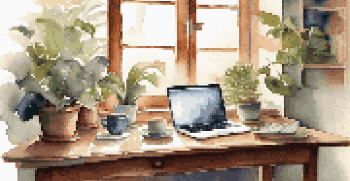 A cozy workspace with a laptop, houseplants, and a cup of coffee, illuminated by natural sunlight.