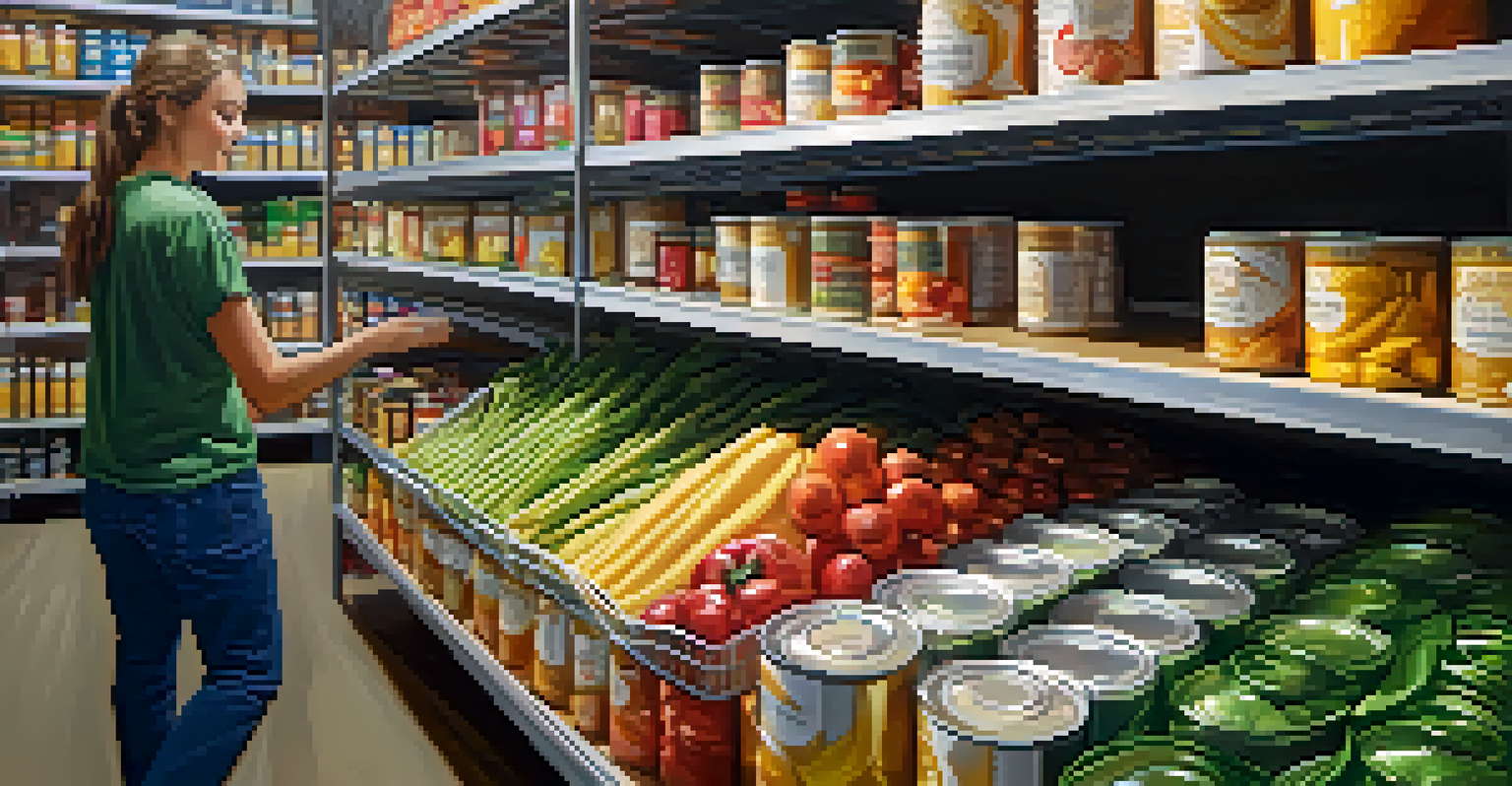 Volunteer sorting food items at a food bank, surrounded by shelves of canned goods and fresh produce.