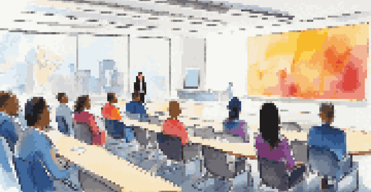 An inspiring woman leader speaking to an engaged audience in a colorful meeting room.