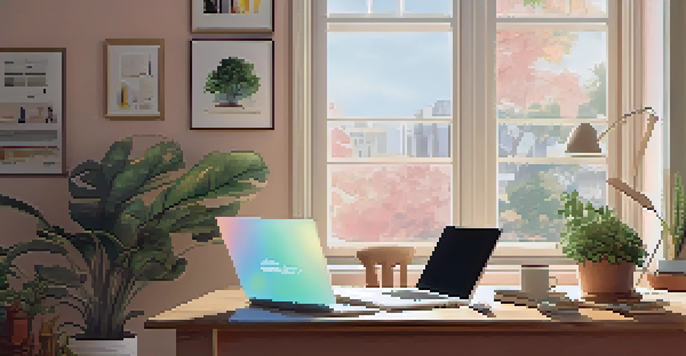 A cozy home office with a laptop on a wooden desk, a plant, and a cup of coffee, illuminated by natural light.