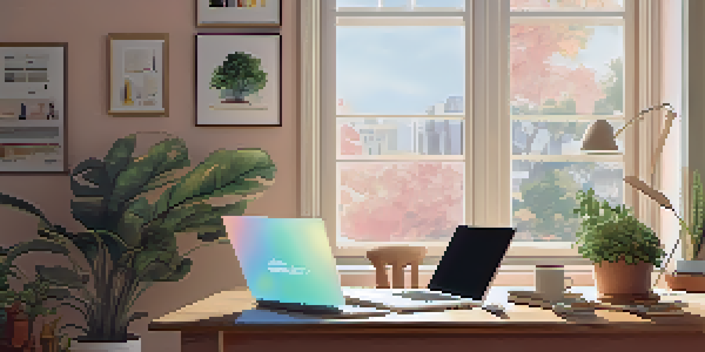 A cozy home office with a laptop on a wooden desk, a plant, and a cup of coffee, illuminated by natural light.