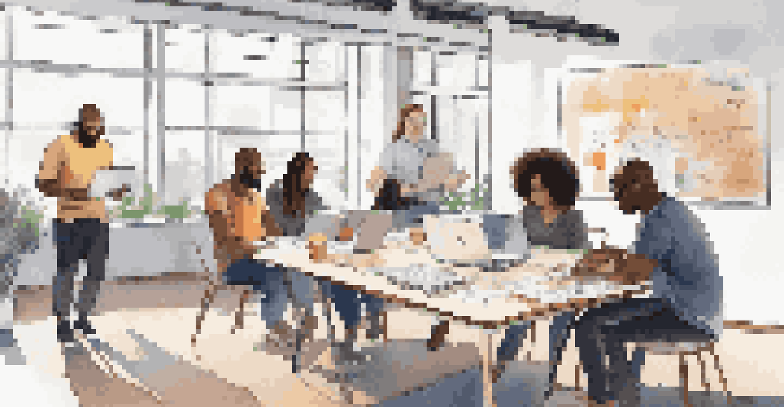 A diverse group working together at a table with laptops and tablets in a bright room.