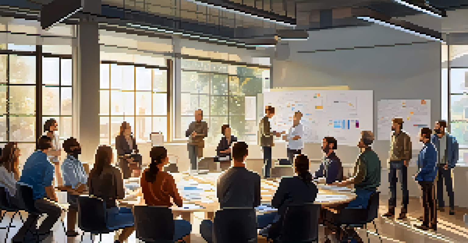 Employees in a workshop setting sharing ideas around a whiteboard filled with diagrams in a sunlit room.