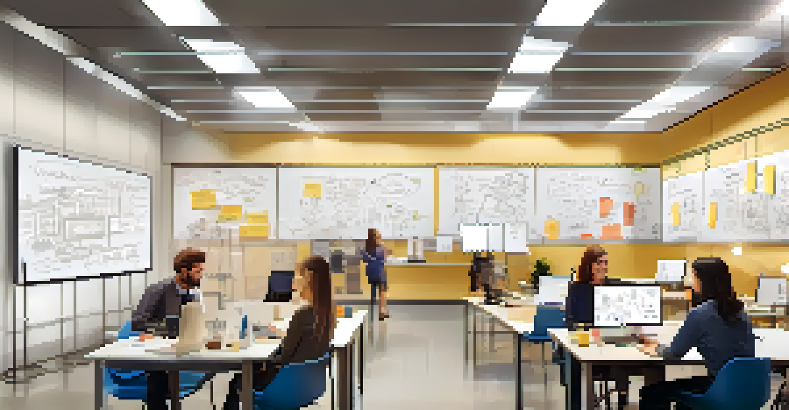 An innovation lab with employees brainstorming around whiteboards filled with sketches and diagrams under soft lighting.