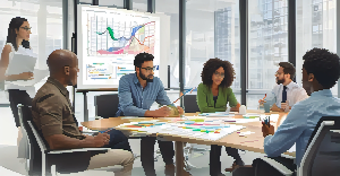 A diverse group of professionals collaborating in a bright conference room, focusing on a brainstorming session.