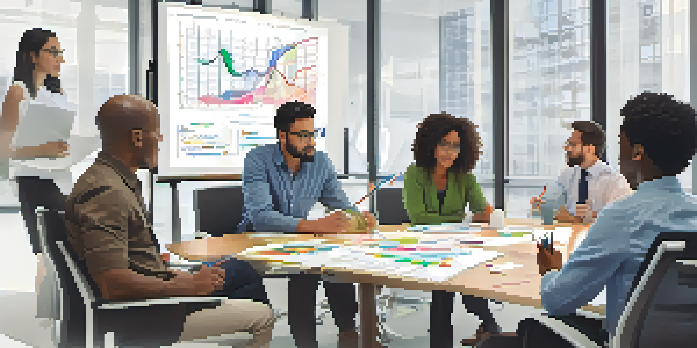 A diverse group of professionals collaborating in a bright conference room, focusing on a brainstorming session.