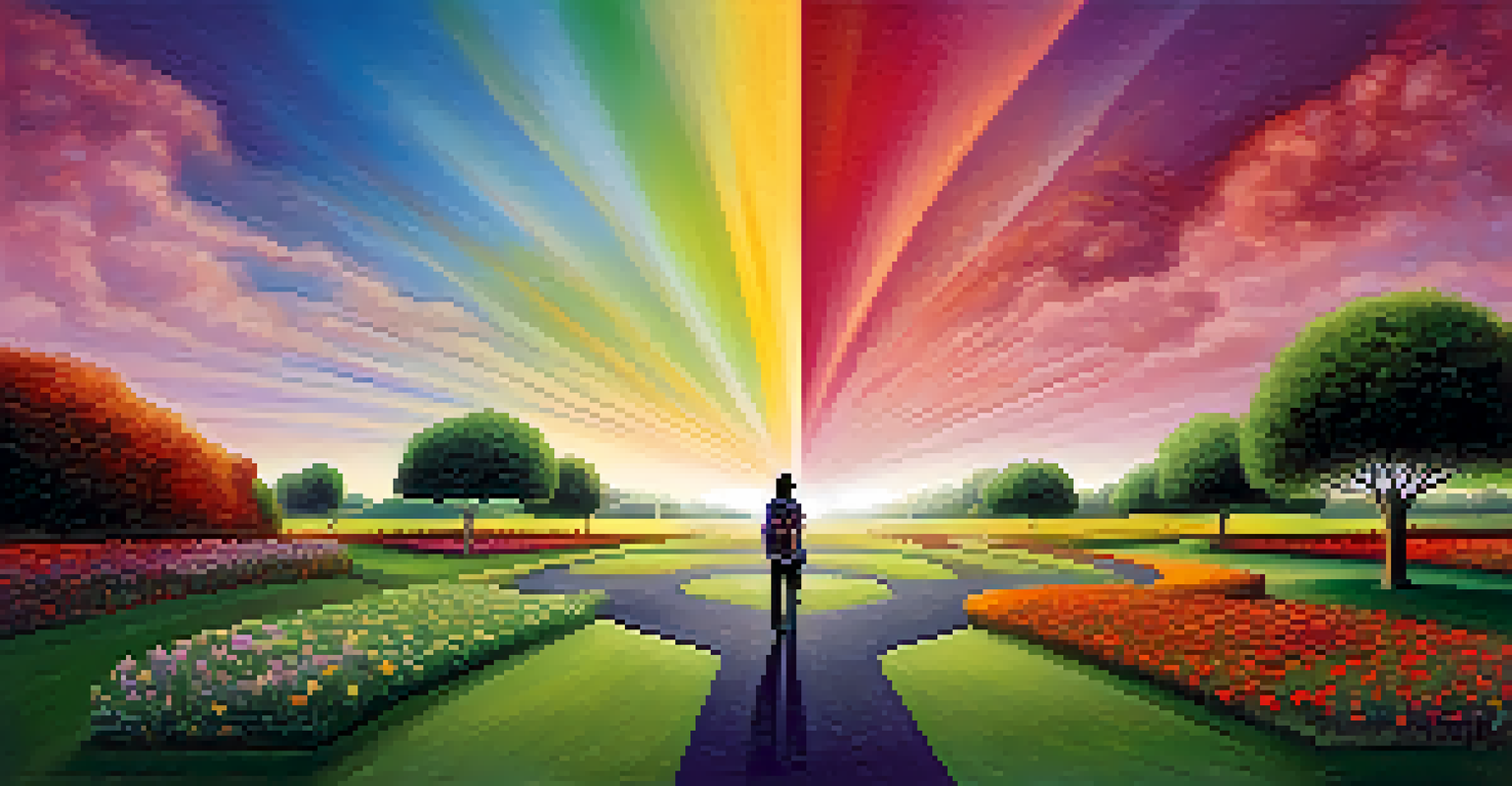A person at a crossroads, with one path leading to a flourishing garden and the other to a stagnant area, symbolizing personal branding evolution.