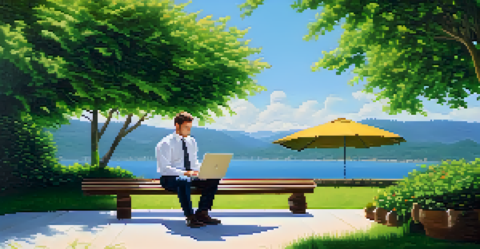 A young professional and a financial advisor discussing strategies outdoors with a laptop on a bench surrounded by greenery.