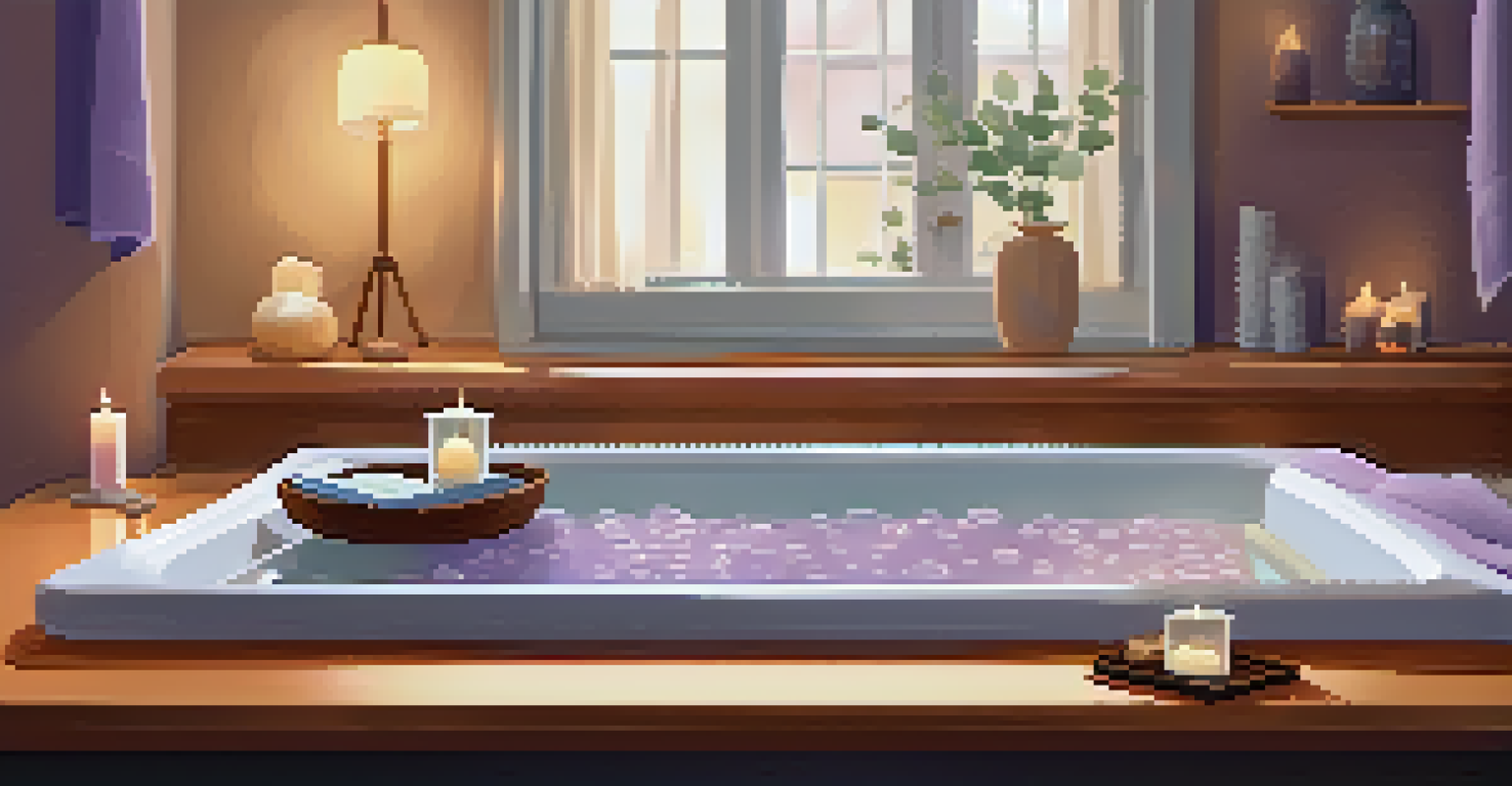 A relaxing bubble bath scene with candles, towels, a book, and infused water, creating a soothing atmosphere.