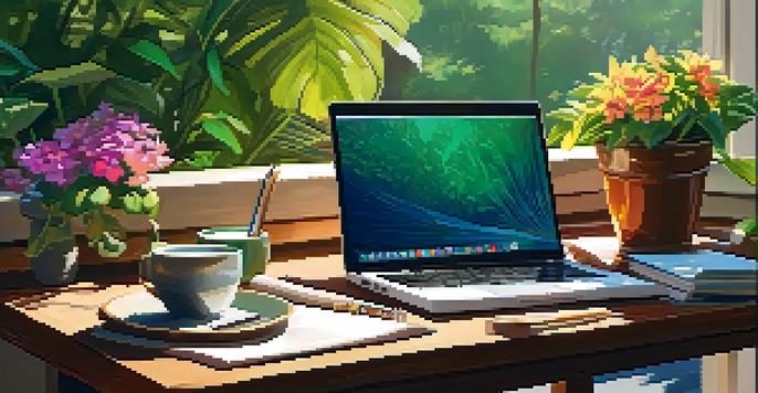 A peaceful outdoor workspace with a laptop on a wooden desk, surrounded by greenery and flowers, with sunlight filtering through the leaves.