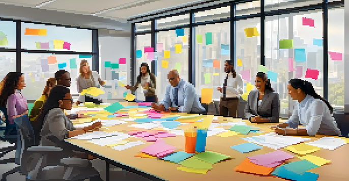 A diverse team of employees participating in a collaborative team-building exercise in a well-lit office.