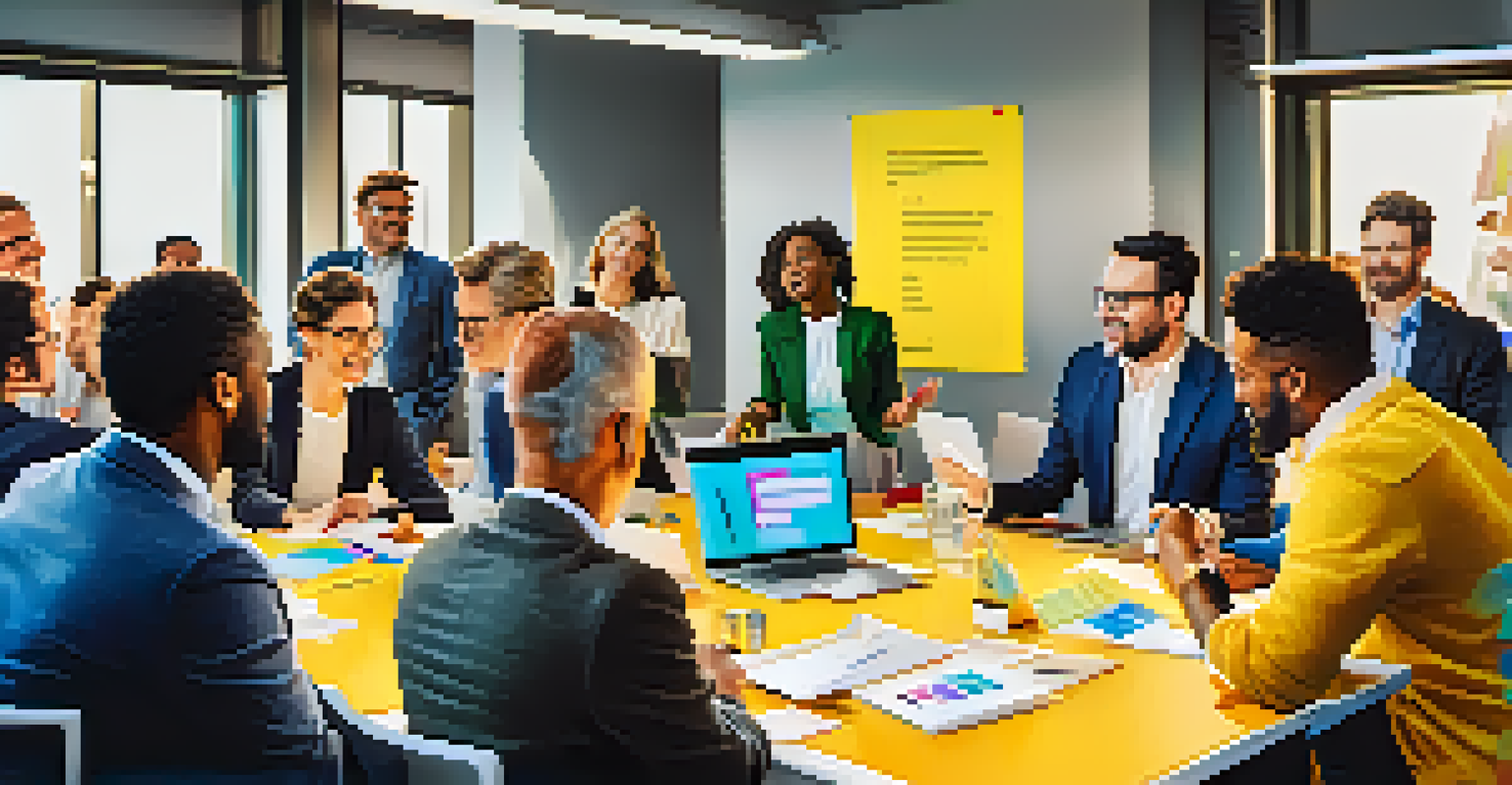 A diverse group of professionals in a feedback session at a conference table, showing teamwork and collaboration.