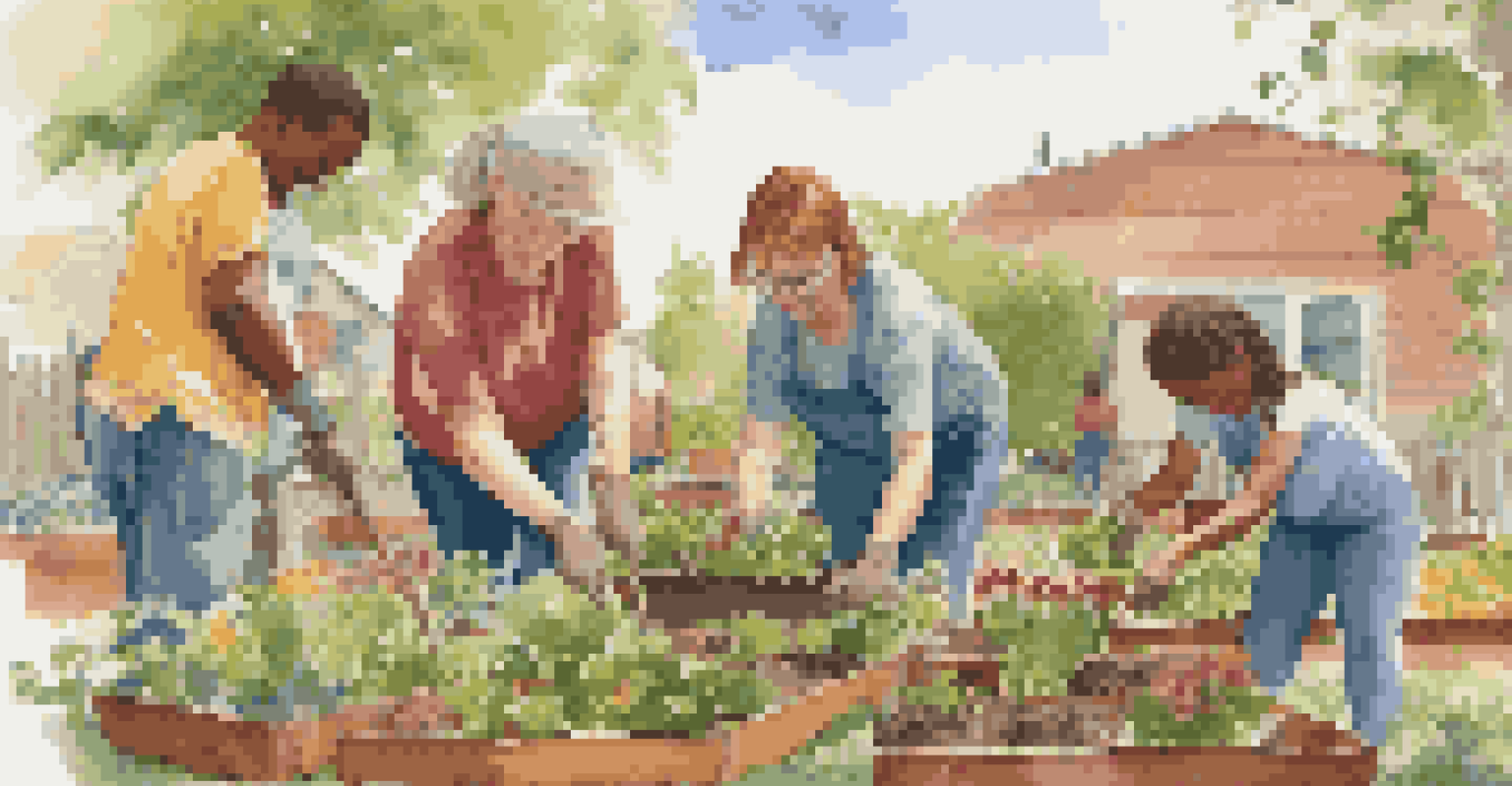 A diverse group of volunteers planting in a community garden under bright sunlight, showcasing teamwork and joy.