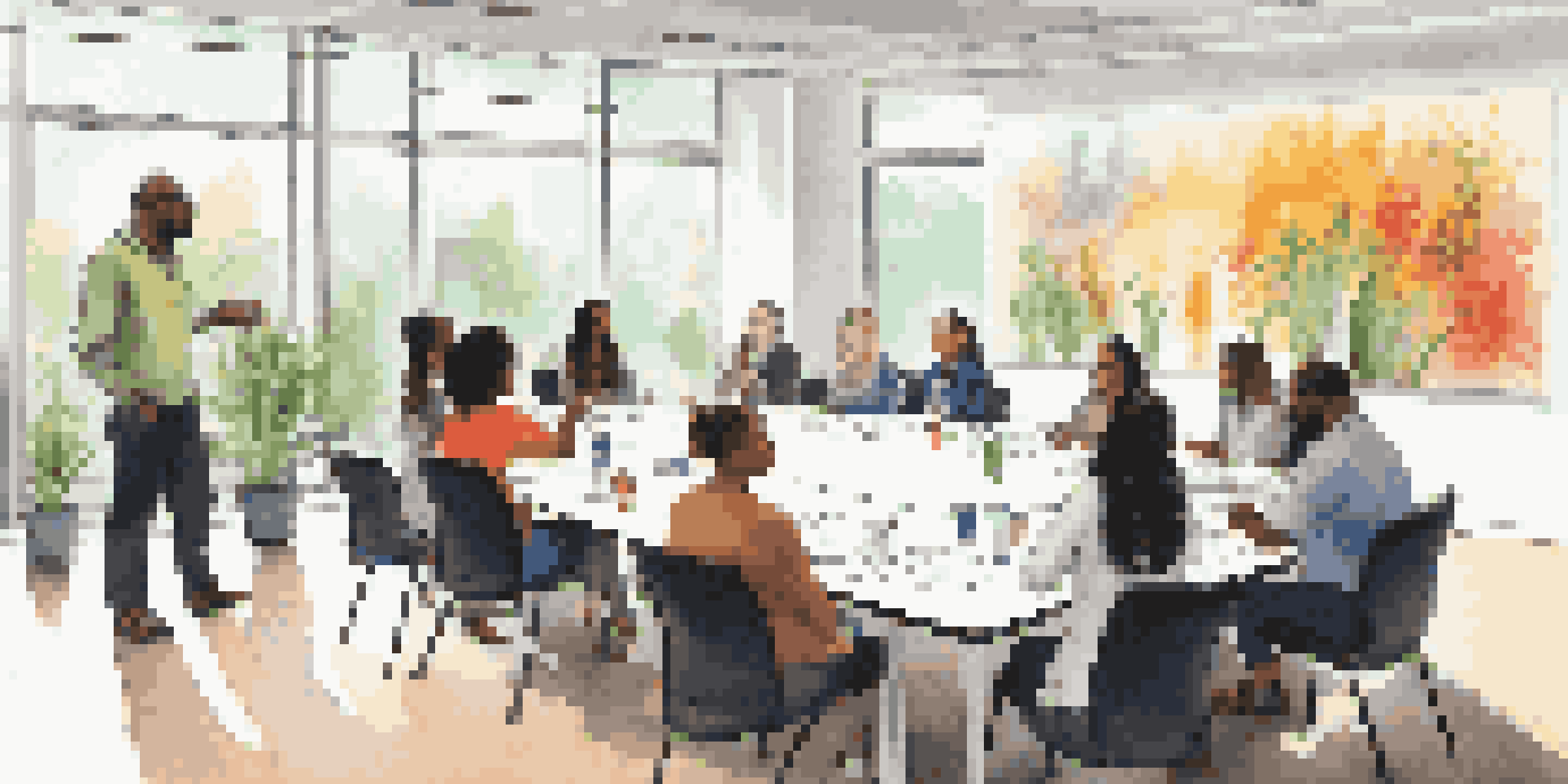A diverse group of professionals discussing cultural competence in a bright conference room.