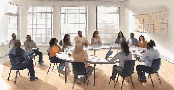 A diverse group of employees participating in a workshop about microaggressions, with an engaged facilitator at the front.