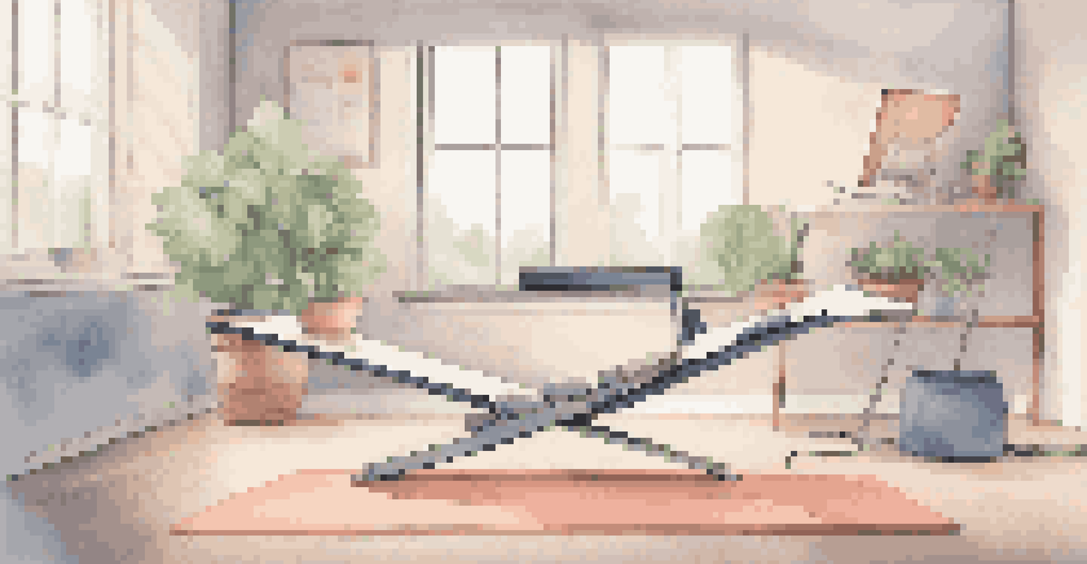A creative seesaw illustration with a laptop and yoga mat symbolizing work-life balance, set against a calming background with motivational words.