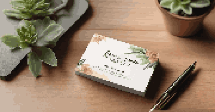 A close-up of a well-designed business card on a wooden desk with a pen and a potted plant, showcasing elegant typography and logo.