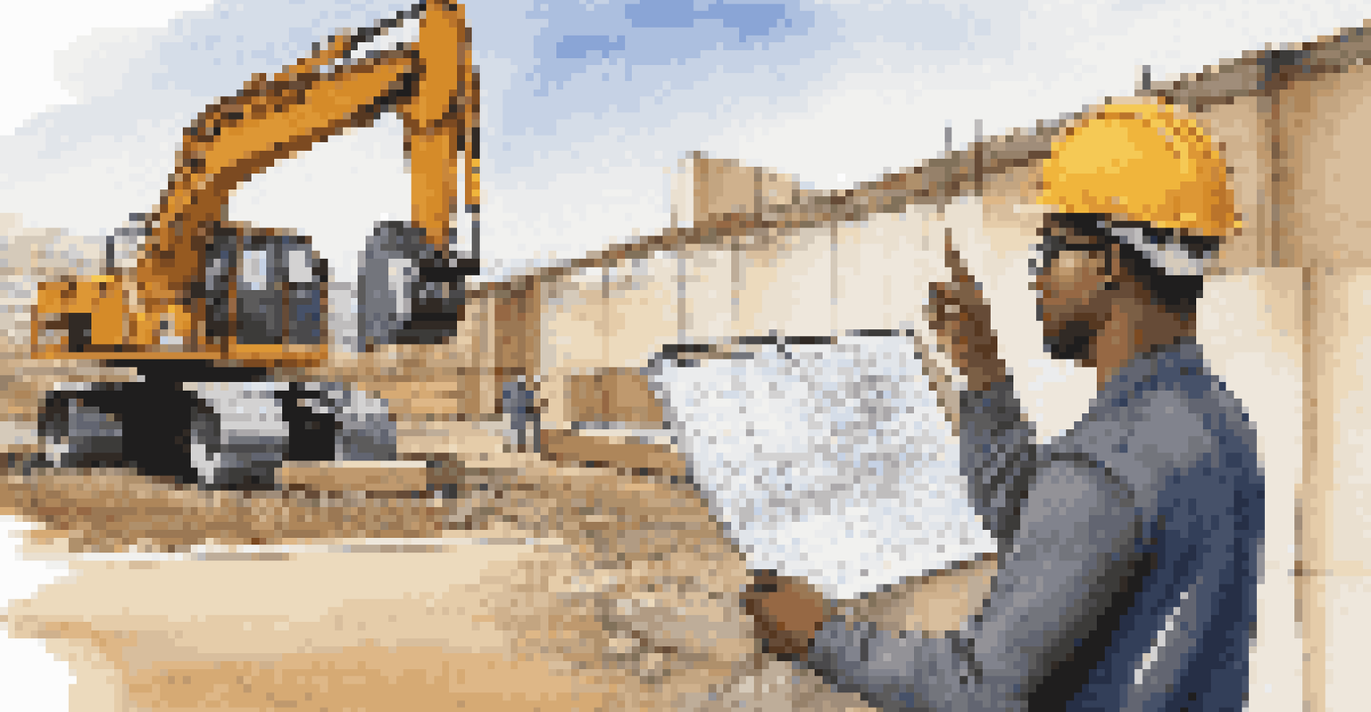 A student is learning from a mentor at a construction site, looking at blueprints and taking notes.