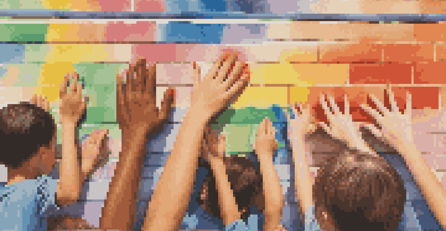 A close-up of a volunteer painting a colorful mural on a school wall, with children watching in amazement around them.