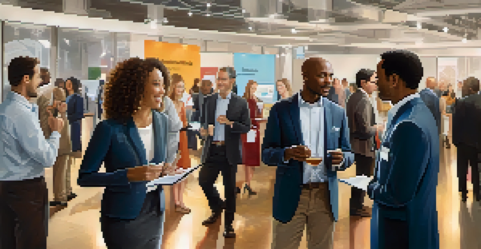 A diverse group of professionals networking at an event, with name tags and company banners in the background.
