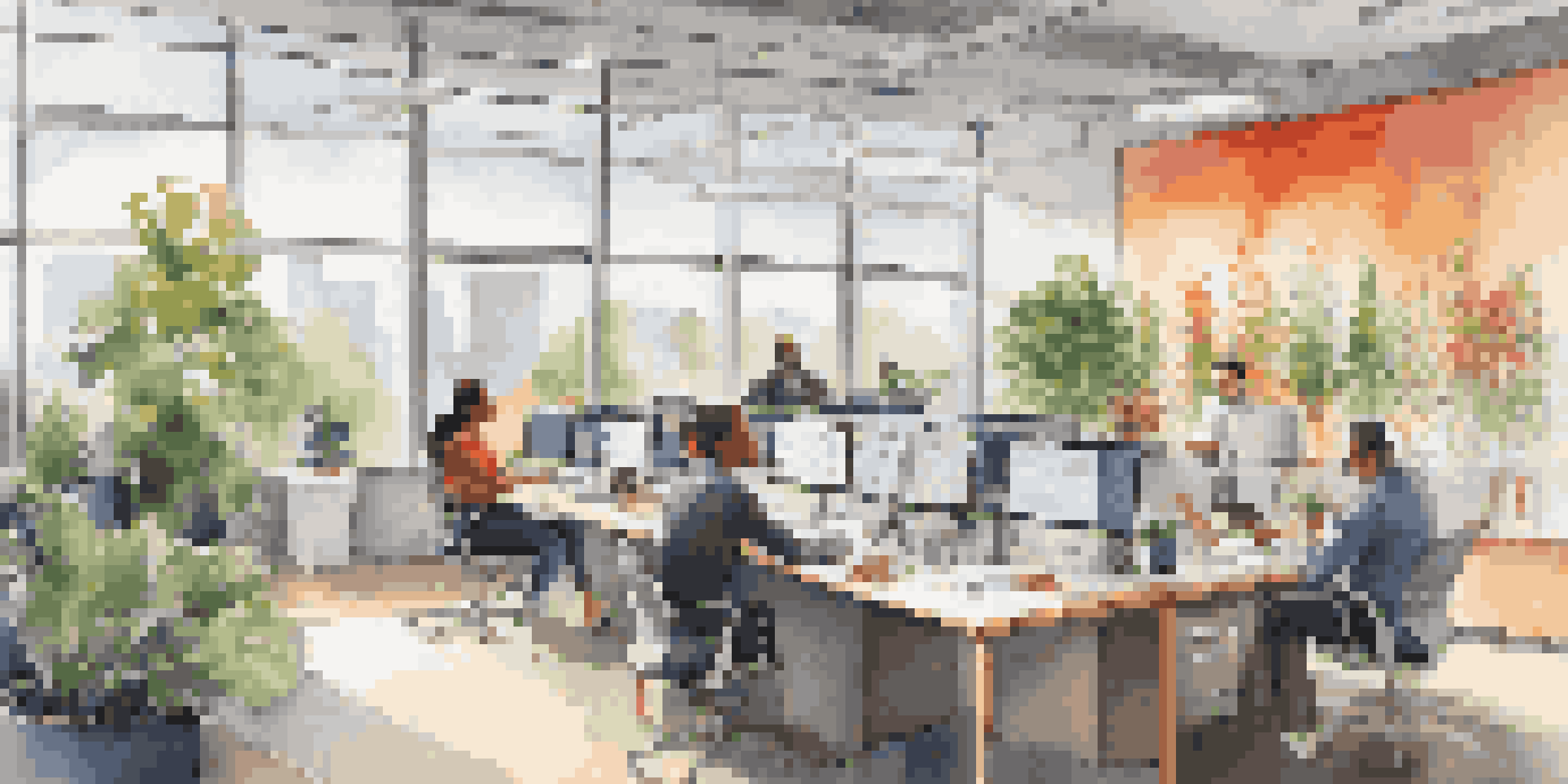 A bright and modern office environment with diverse employees collaborating in a meeting, showcasing an open layout and natural light.