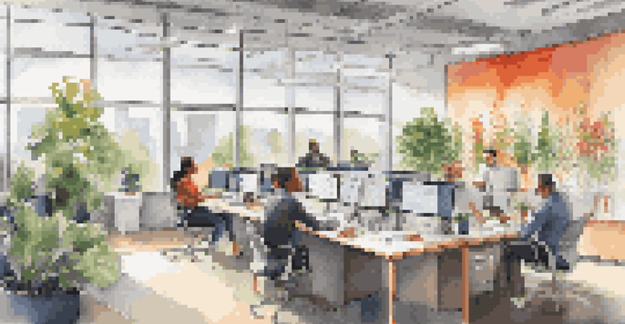 A bright and modern office environment with diverse employees collaborating in a meeting, showcasing an open layout and natural light.