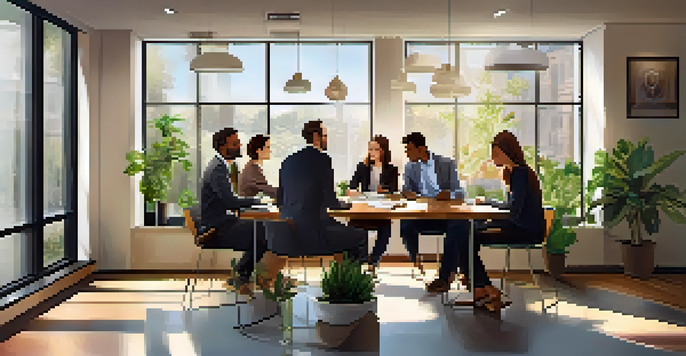 A diverse group of professionals having a discussion in a bright and welcoming office, surrounded by plants and motivational quotes.
