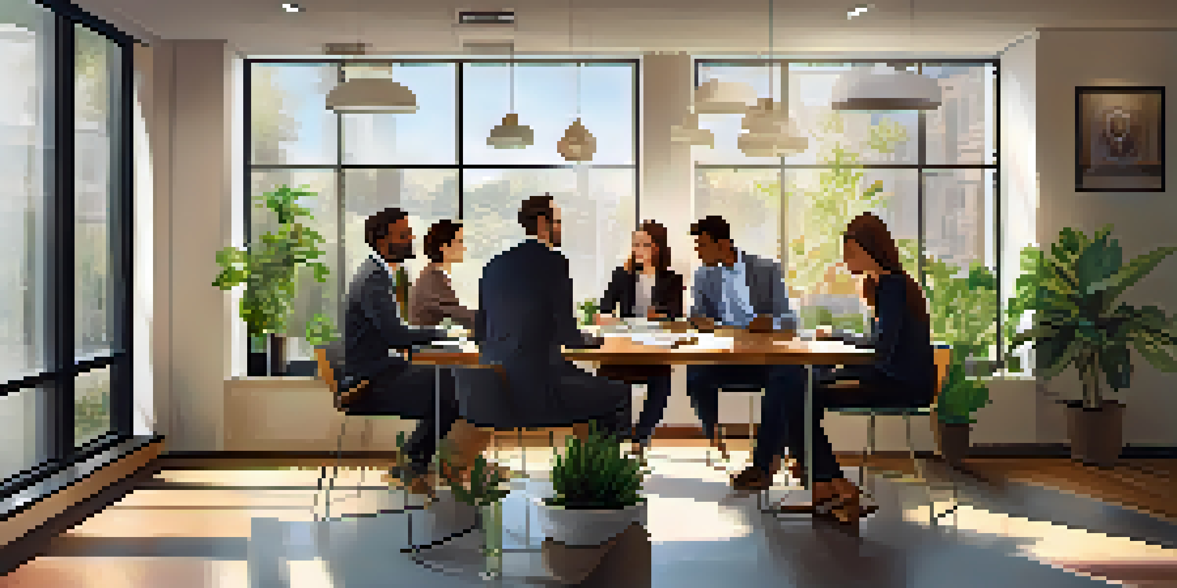 A diverse group of professionals having a discussion in a bright and welcoming office, surrounded by plants and motivational quotes.