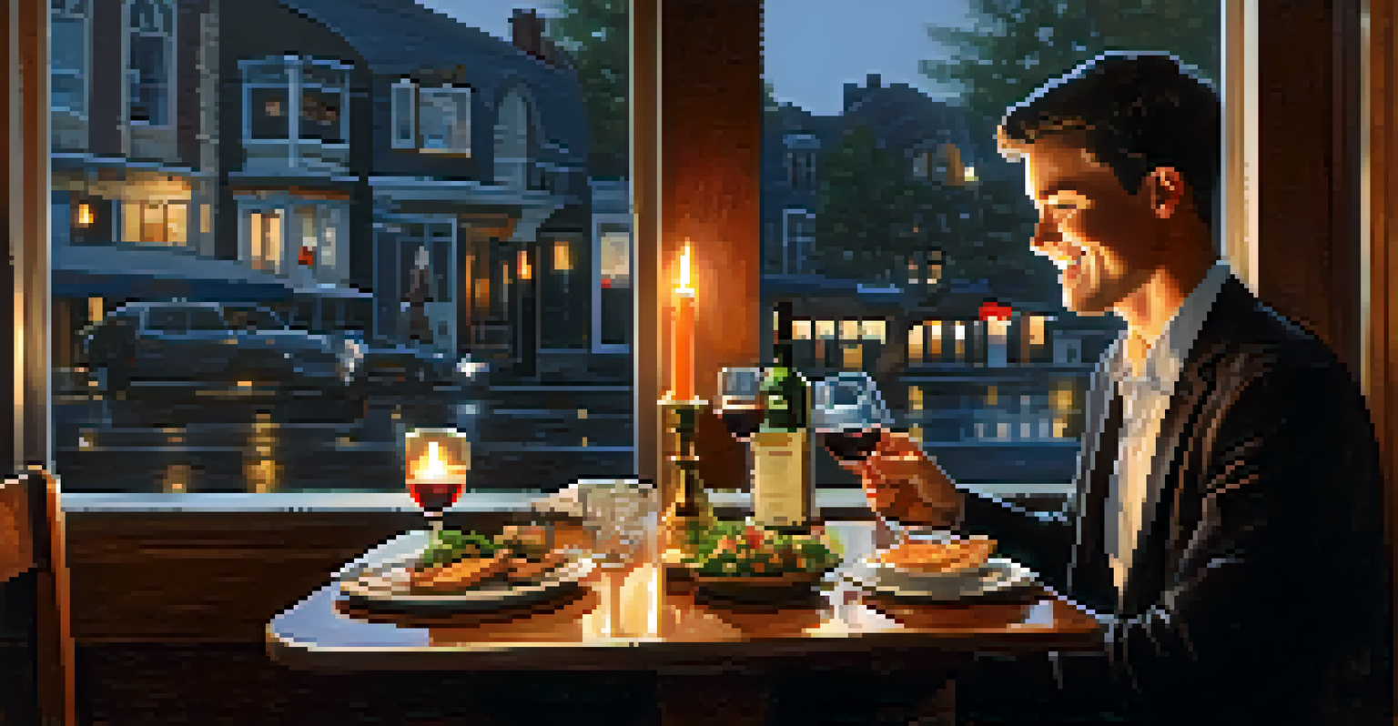 A young professional celebrating after completing a project, enjoying a dinner with food, wine, and a candle on the table, looking happy.