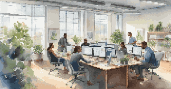 A diverse group of employees working together in a modern office setting with natural light and greenery.
