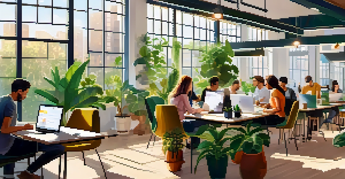 A bright co-working space with freelancers of different ethnicities working together on laptops, surrounded by modern furniture and plants.