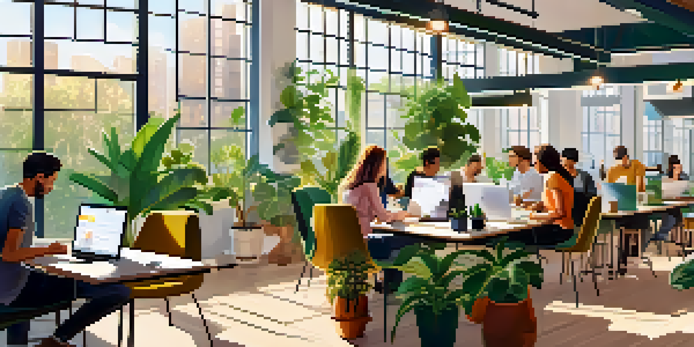 A bright co-working space with freelancers of different ethnicities working together on laptops, surrounded by modern furniture and plants.