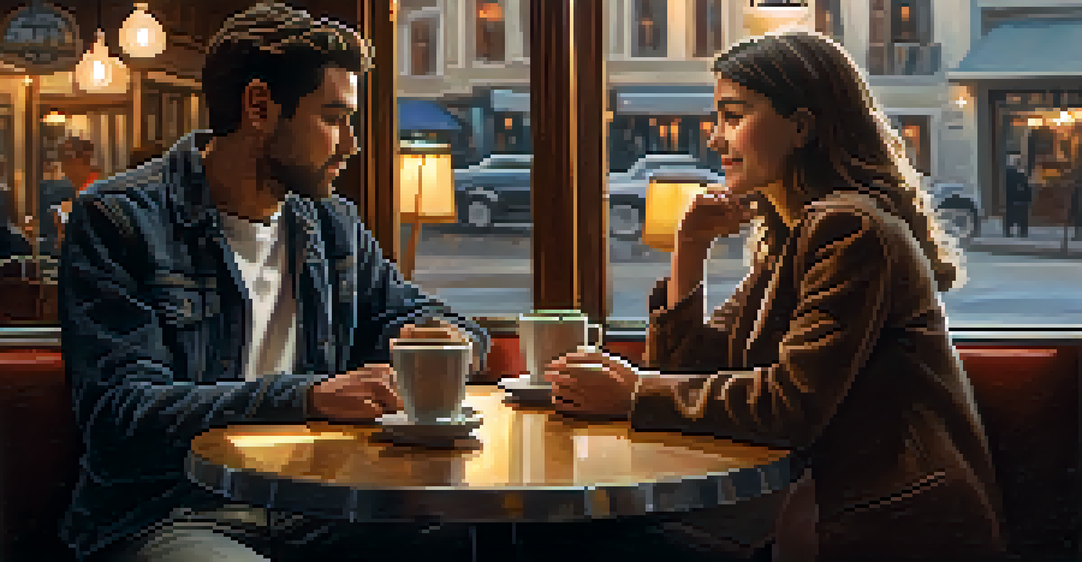 Two friends having a thoughtful conversation in a café with warm lighting.