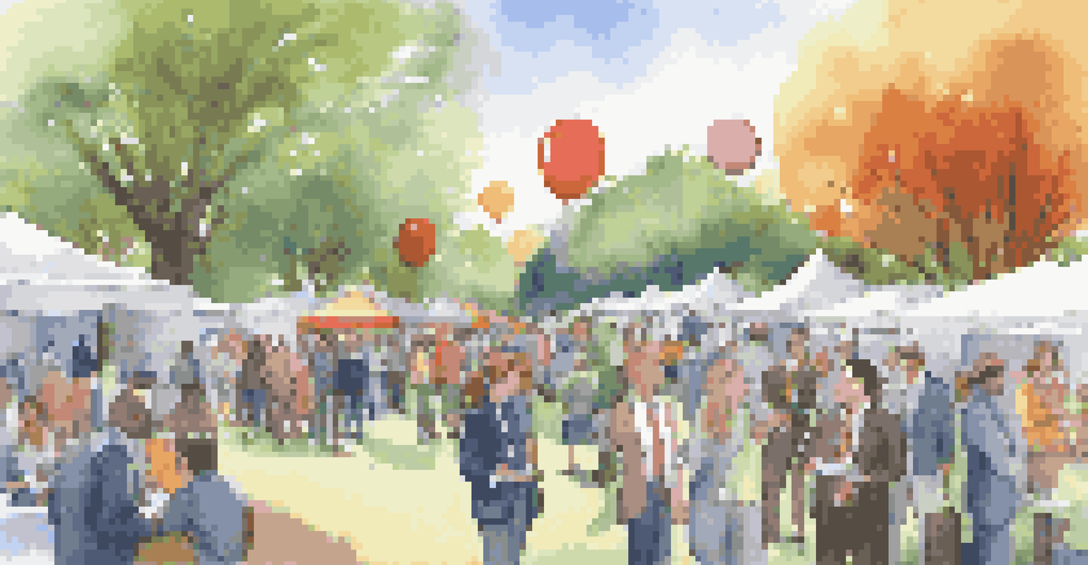 An outdoor career fair in a park with colorful booths, job seekers, and recruiters interacting under green trees.