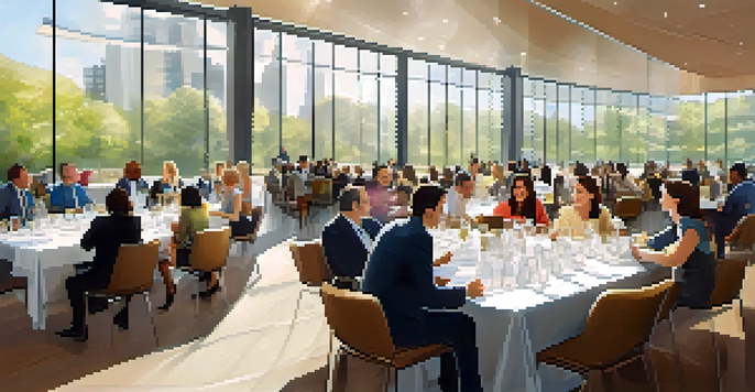 A networking event featuring diverse professionals conversing and exchanging business cards in a bright conference hall.