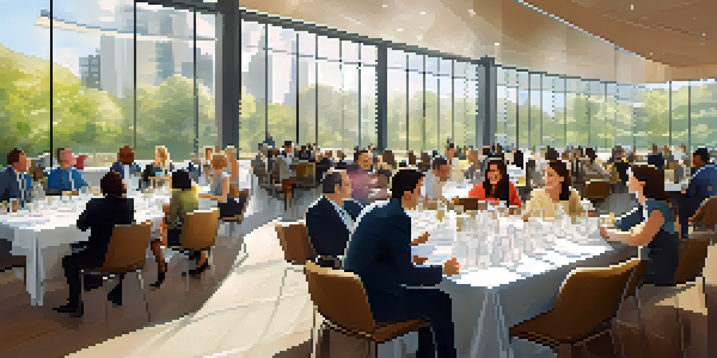 A networking event featuring diverse professionals conversing and exchanging business cards in a bright conference hall.