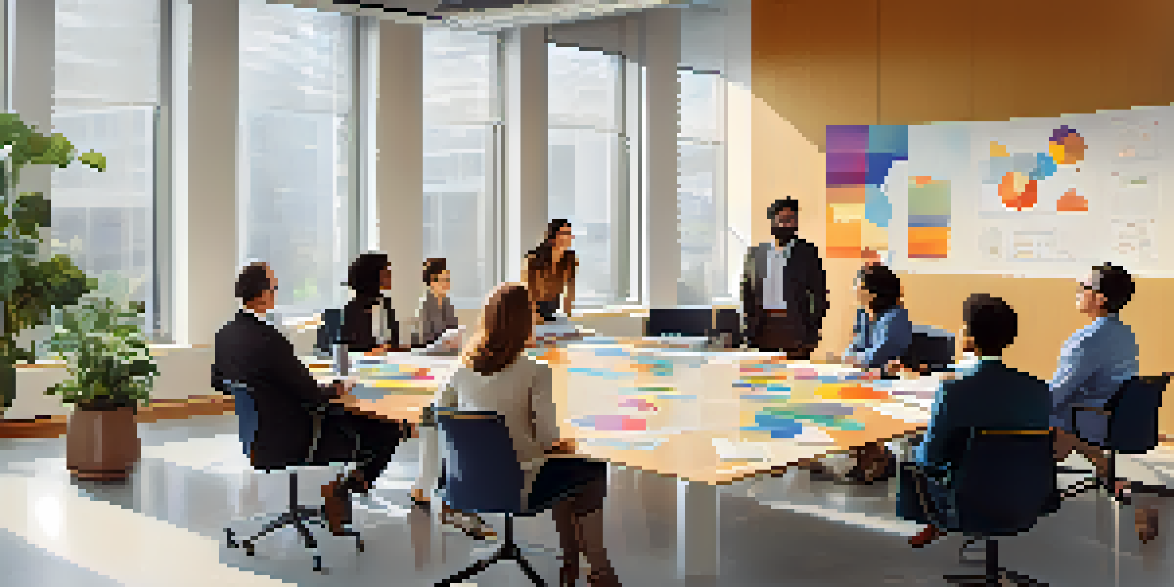 A diverse group of professionals in a modern meeting room, engaged in discussions around a conference table filled with documents and charts.