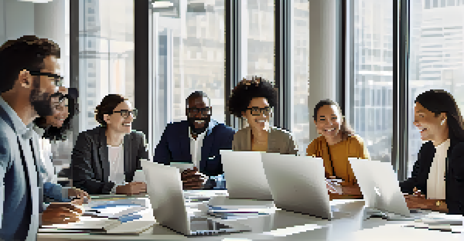 A group of professionals collaborating in a bright office, emphasizing networking and support.