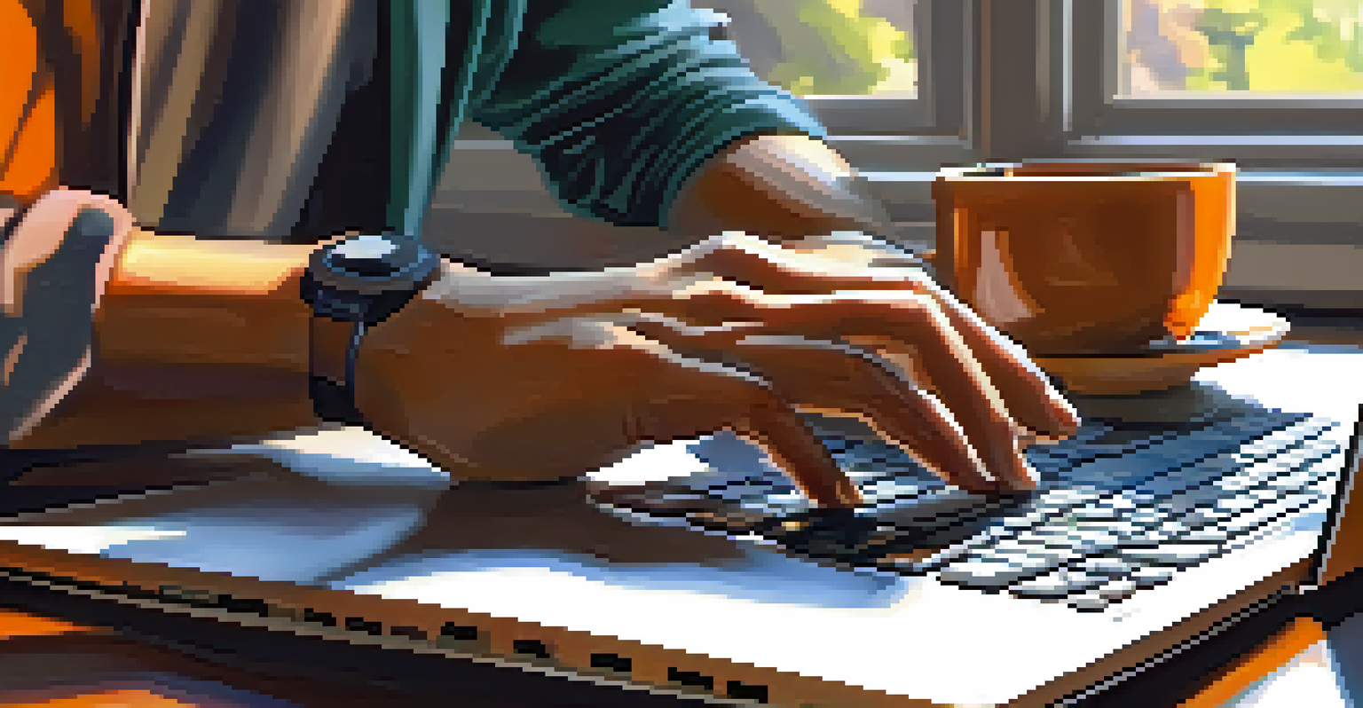 Close-up of hands typing on a laptop keyboard, with a cup of coffee and a notebook in a softly blurred background.